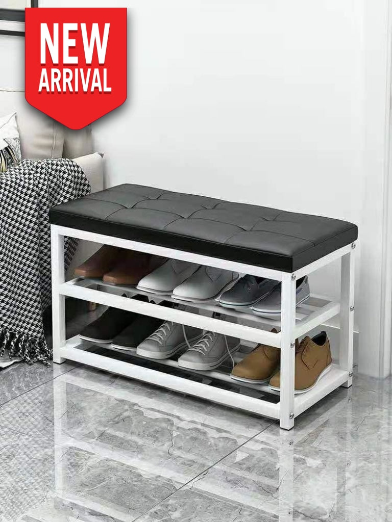 PremiumRacks White Shoe Rack Bench - Leather Seat - Built Tough - Mode